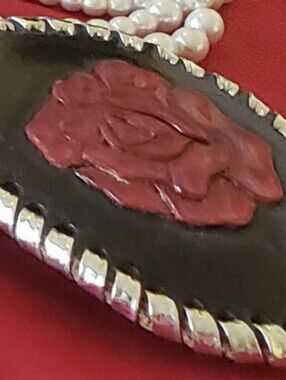 Leather Rose Accent Belt Buckle - Red Rose on Black